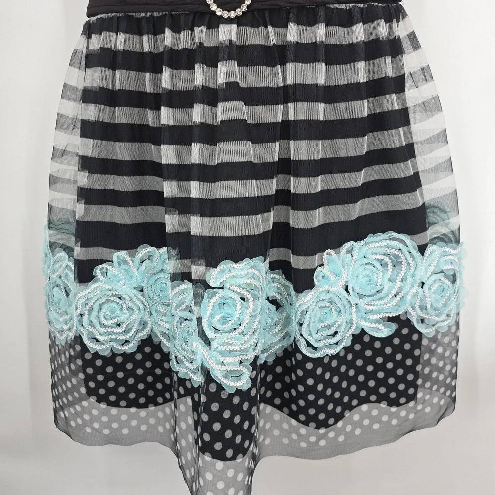 Bonnie Jean Dress Girls 20 Plus Black Stripe Dot Aqua Floral Tulle Belt Party